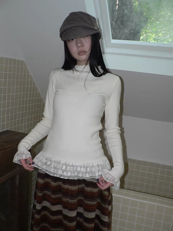 Lace Spliced Slim Fit Mock Neck Long Sleeve Casual Solid Color Women T-Shirt