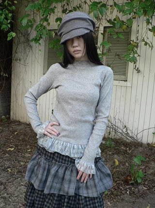 Lace Spliced Slim Fit Mock Neck Long Sleeve Casual Solid Color Women T-Shirt