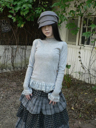 Lace Spliced Slim Fit Mock Neck Long Sleeve Casual Solid Color Women T-Shirt