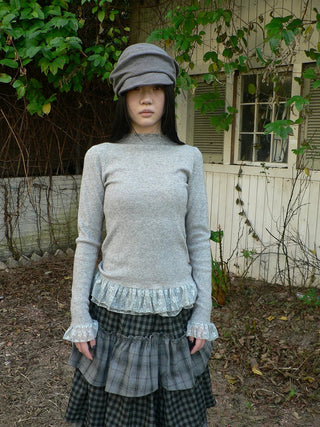 Lace Spliced Slim Fit Mock Neck Long Sleeve Casual Solid Color Women T-Shirt