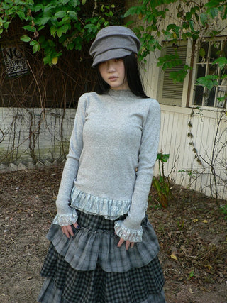 Lace Spliced Slim Fit Mock Neck Long Sleeve Casual Solid Color Women T-Shirt