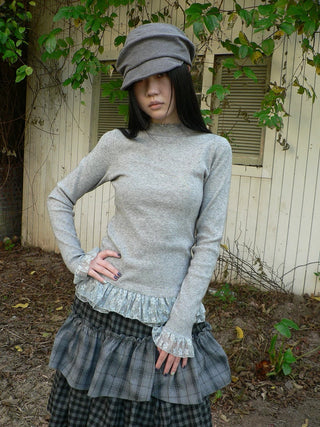 Lace Spliced Slim Fit Mock Neck Long Sleeve Casual Solid Color Women T-Shirt
