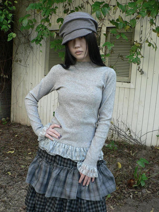 Lace Spliced Slim Fit Mock Neck Long Sleeve Casual Solid Color Women T-Shirt