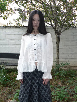 Lace Trim Korean Office Loose Bell Sleeve Women Round Neck White Button Blouse