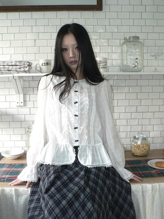 Lace Trim Korean Office Loose Bell Sleeve Women Round Neck White Button Blouse