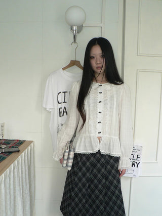 Lace Trim Korean Office Loose Bell Sleeve Women Round Neck White Button Blouse
