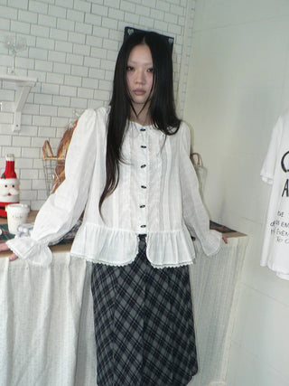 Lace Trim Korean Office Loose Bell Sleeve Women Round Neck White Button Blouse