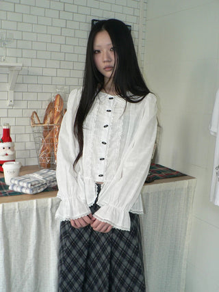 Lace Trim Korean Office Loose Bell Sleeve Women Round Neck White Button Blouse