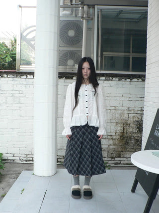 Lace Trim Korean Office Loose Bell Sleeve Women Round Neck White Button Blouse