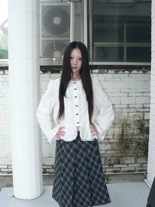 Lace Trim Korean Office Loose Bell Sleeve Women Round Neck White Button Blouse