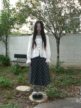 Lace Trim Korean Office Loose Bell Sleeve Women Round Neck White Button Blouse