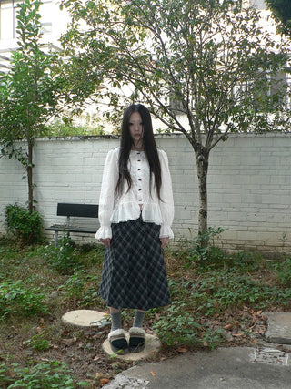 Lace Trim Korean Office Loose Bell Sleeve Women Round Neck White Button Blouse
