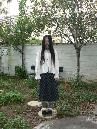 Lace Trim Korean Office Loose Bell Sleeve Women Round Neck White Button Blouse