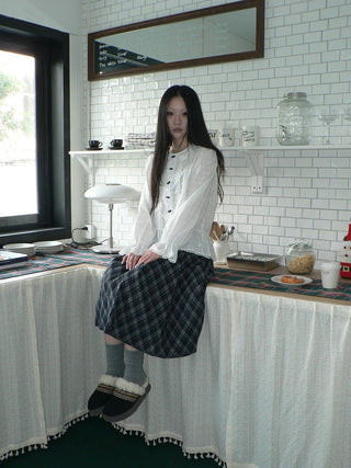 Lace Trim Korean Office Loose Bell Sleeve Women Round Neck White Button Blouse