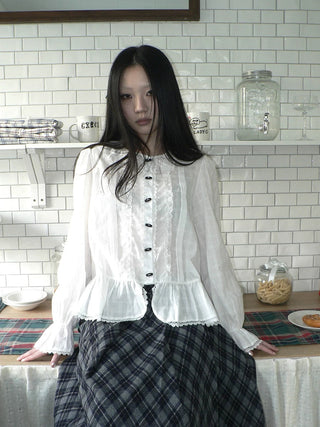 Lace Trim Korean Office Loose Bell Sleeve Women Round Neck White Button Blouse