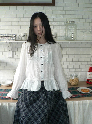 Lace Trim Korean Office Loose Bell Sleeve Women Round Neck White Button Blouse