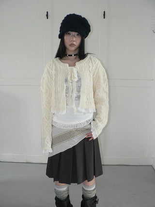 Layered Lace Trim Cropped Cable Knit Sweater Sweater