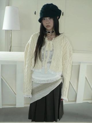 Layered Lace Trim Cropped Cable Knit Sweater Sweater