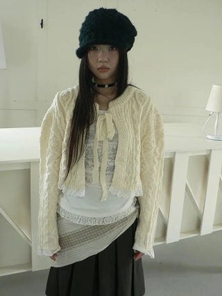 Layered Lace Trim Cropped Cable Knit Sweater Sweater