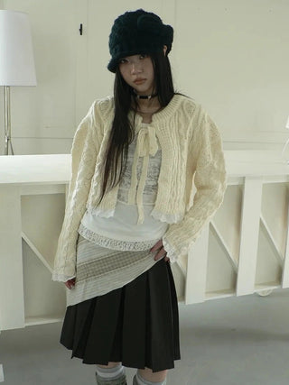 Layered Lace Trim Cropped Cable Knit Sweater Sweater