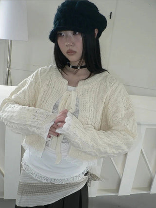 Layered Lace Trim Cropped Cable Knit Sweater Sweater