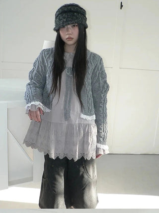 Layered Lace Trim Cropped Cable Knit Sweater Sweater