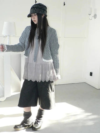 Layered Lace Trim Cropped Cable Knit Sweater Sweater