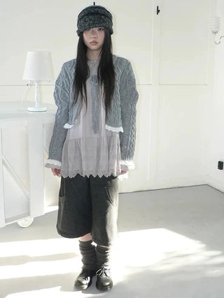 Layered Lace Trim Cropped Cable Knit Sweater Sweater
