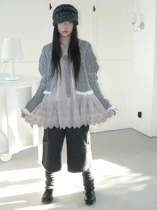 Layered Lace Trim Cropped Cable Knit Sweater Sweater