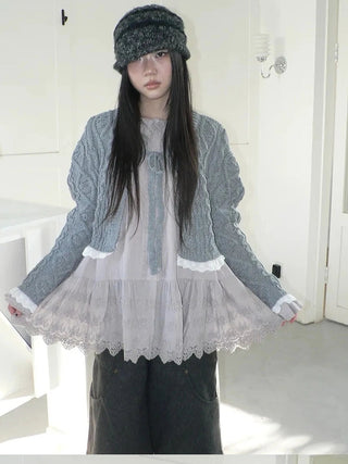 Layered Lace Trim Cropped Cable Knit Sweater Sweater