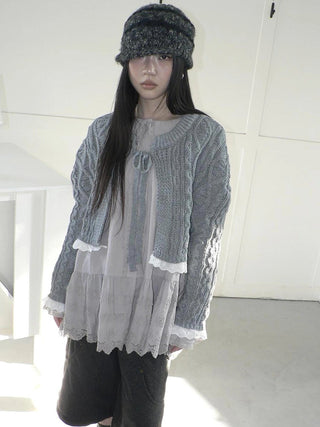 Layered Lace Trim Cropped Cable Knit Sweater Sweater