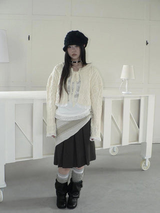Layered Lace Trim Cropped Cable Knit Sweater Sweater
