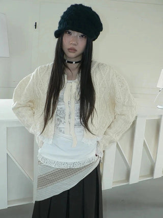 Layered Lace Trim Cropped Cable Knit Sweater Sweater