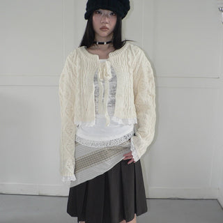 Layered Lace Trim Cropped Cable Knit Sweater Sweater