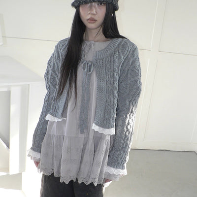 Layered Lace Trim Cropped Cable Knit Sweater Sweater