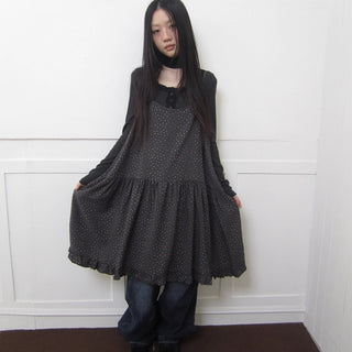 Lightweight Polka Dot Print Layered Slip Dress V-neck T-shirt Long Sleeve Dresses
