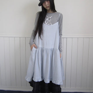 Lightweight Polka Dot Print Layered Slip Dress V-neck T-shirt Long Sleeve Dresses