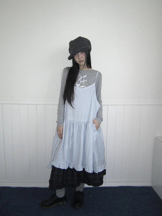 Lightweight Polka Dot Print Layered Slip Dress V-neck T-shirt Long Sleeve Dresses