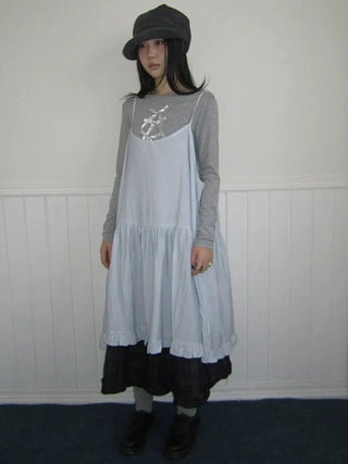 Lightweight Polka Dot Print Layered Slip Dress V-neck T-shirt Long Sleeve Dresses