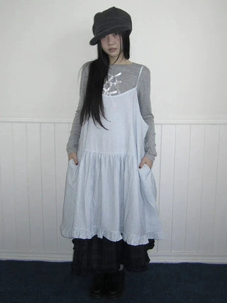 Lightweight Polka Dot Print Layered Slip Dress V-neck T-shirt Long Sleeve Dresses
