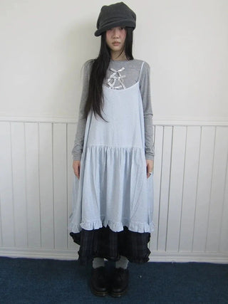 Lightweight Polka Dot Print Layered Slip Dress V-neck T-shirt Long Sleeve Dresses