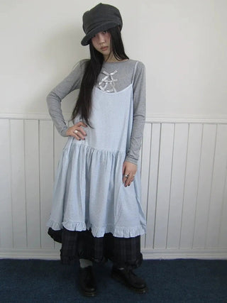 Lightweight Polka Dot Print Layered Slip Dress V-neck T-shirt Long Sleeve Dresses