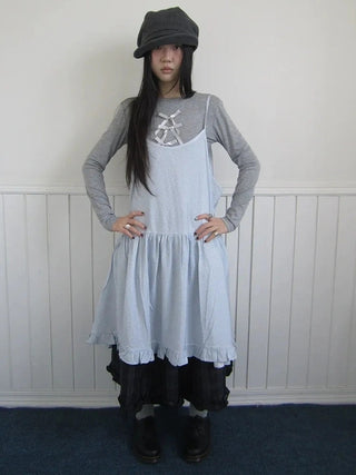 Lightweight Polka Dot Print Layered Slip Dress V-neck T-shirt Long Sleeve Dresses