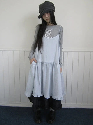 Lightweight Polka Dot Print Layered Slip Dress V-neck T-shirt Long Sleeve Dresses