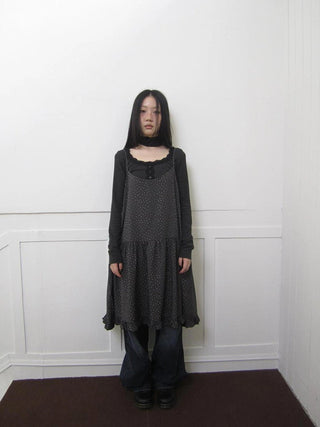 Lightweight Polka Dot Print Layered Slip Dress V-neck T-shirt Long Sleeve Dresses