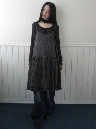 Lightweight Polka Dot Print Layered Slip Dress V-neck T-shirt Long Sleeve Dresses