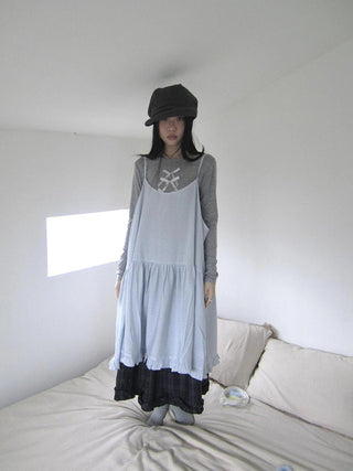 Lightweight Polka Dot Print Layered Slip Dress V-neck T-shirt Long Sleeve Dresses