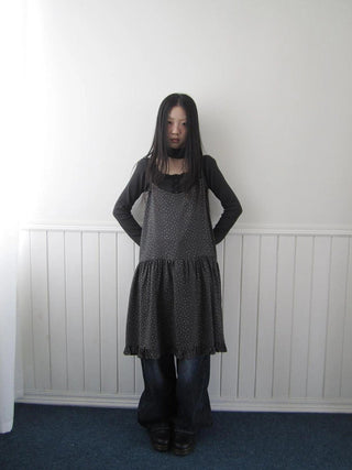 Lightweight Polka Dot Print Layered Slip Dress V-neck T-shirt Long Sleeve Dresses