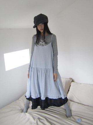 Lightweight Polka Dot Print Layered Slip Dress V-neck T-shirt Long Sleeve Dresses