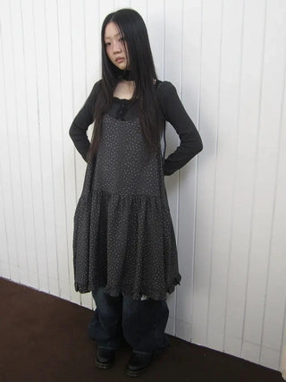 Lightweight Polka Dot Print Layered Slip Dress V-neck T-shirt Long Sleeve Dresses